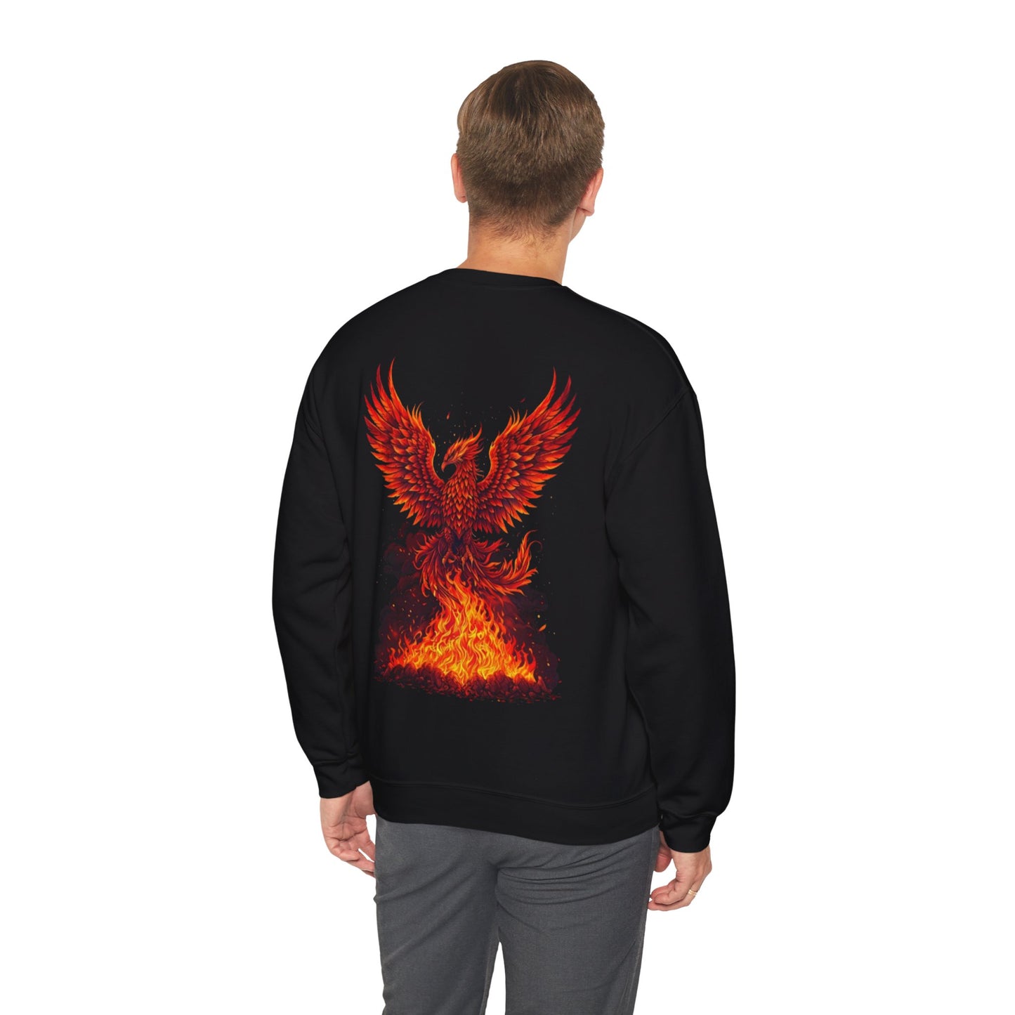 Phoenix Rising Crewneck Sweatshirt — Fiery Mythical Bird Back Graphic