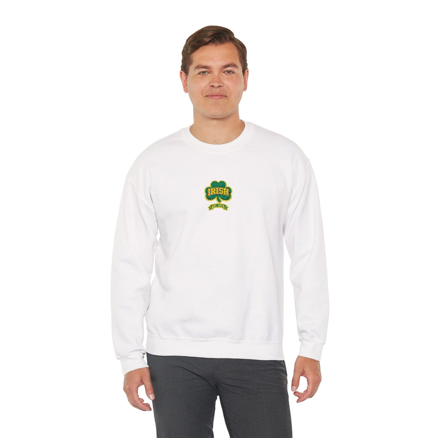 Crewneck Sweatshirt - Green & Yellow Shamrock 'Lucky' Chest Logo (embroidery work)