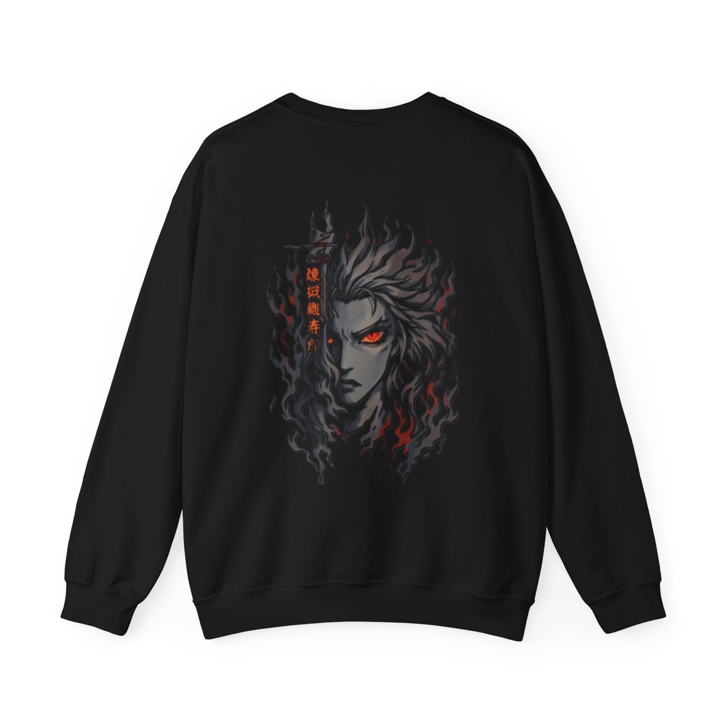Anime Graphic Sweatshirt — Fiery Demon Mask Graphic (Red Eyes)